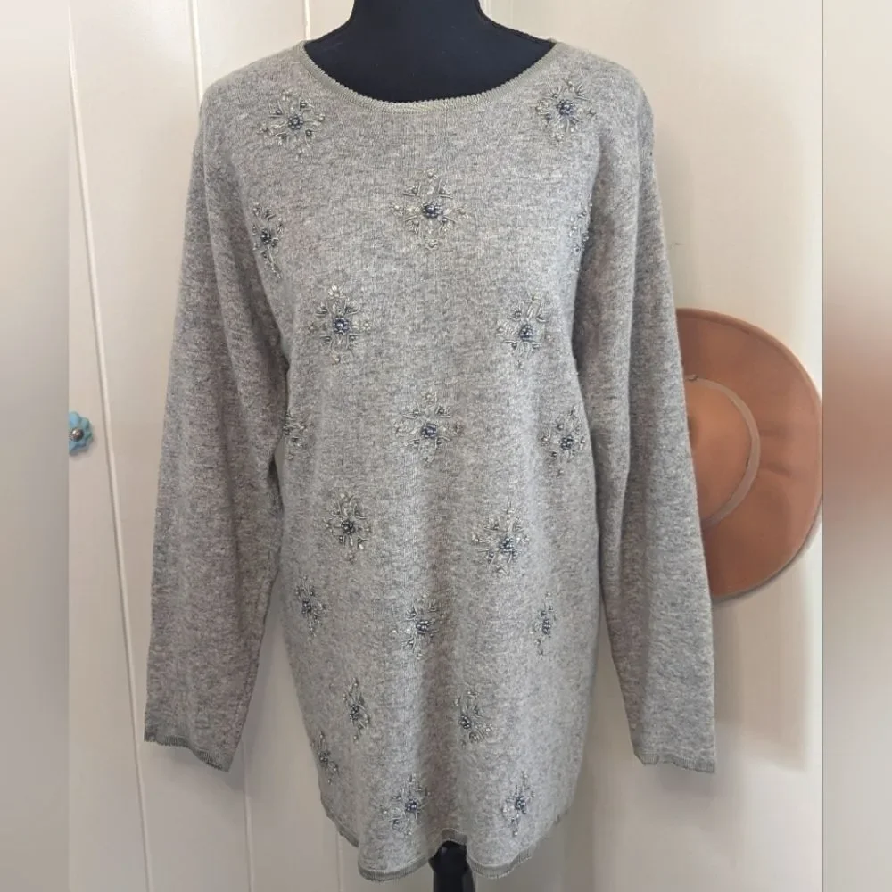 VTG Casual Corner Lambswool Jewelled Quiet Luxury Eclectic Grandma Cozy LG